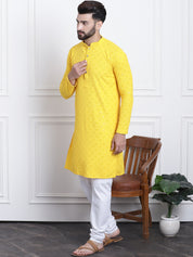 Men's Sequence Yellow Cotton Kurta and White Pyjama