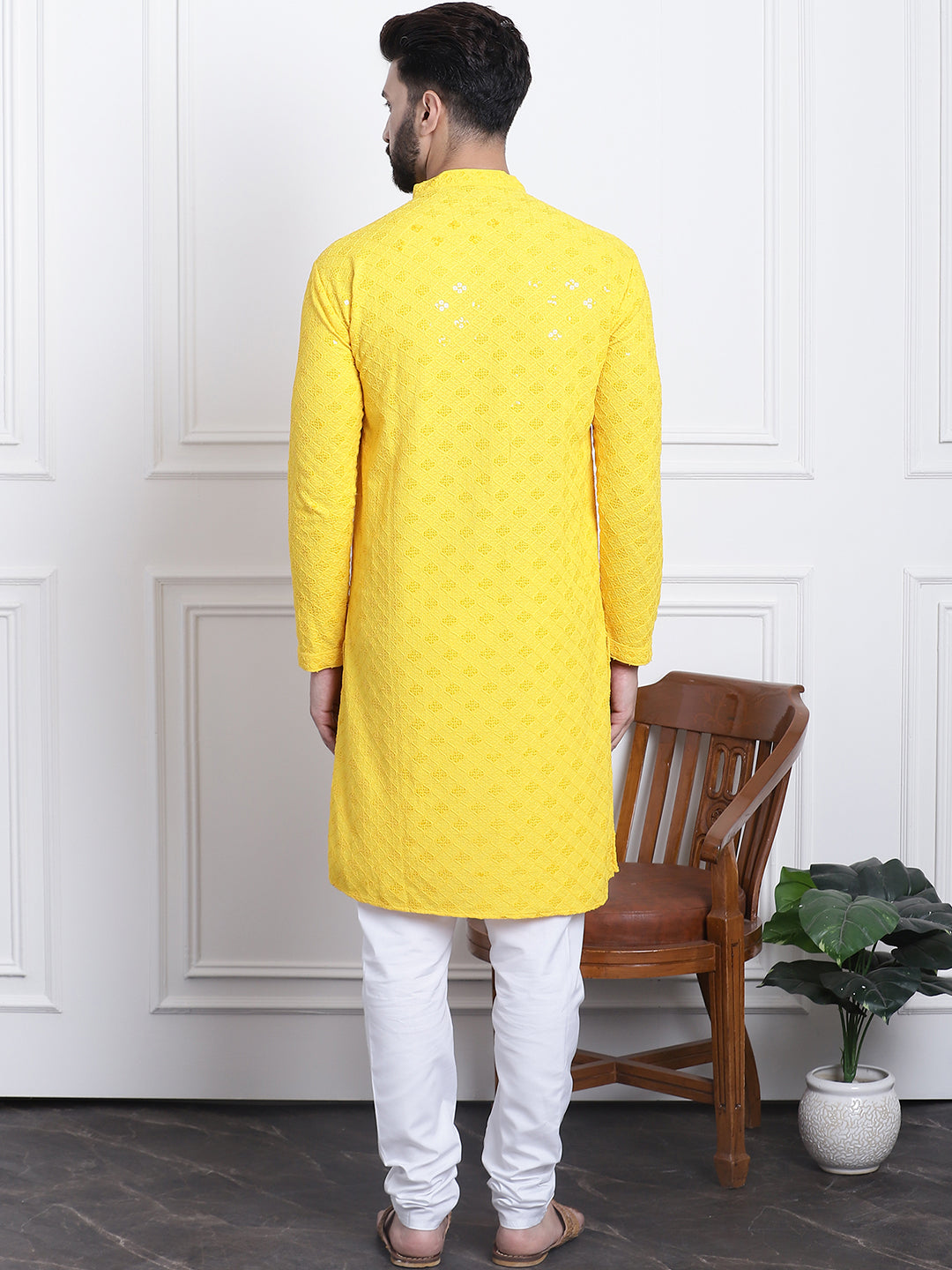 Men's Sequence Yellow Cotton Kurta and White Pyjama