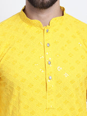 Men's Sequence Yellow Cotton Kurta and White Pyjama