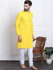 Men's Sequence Yellow Cotton Kurta and White Pyjama