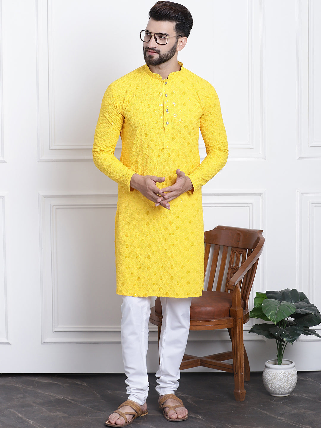 Men's Sequence Yellow Cotton Kurta and White Pyjama