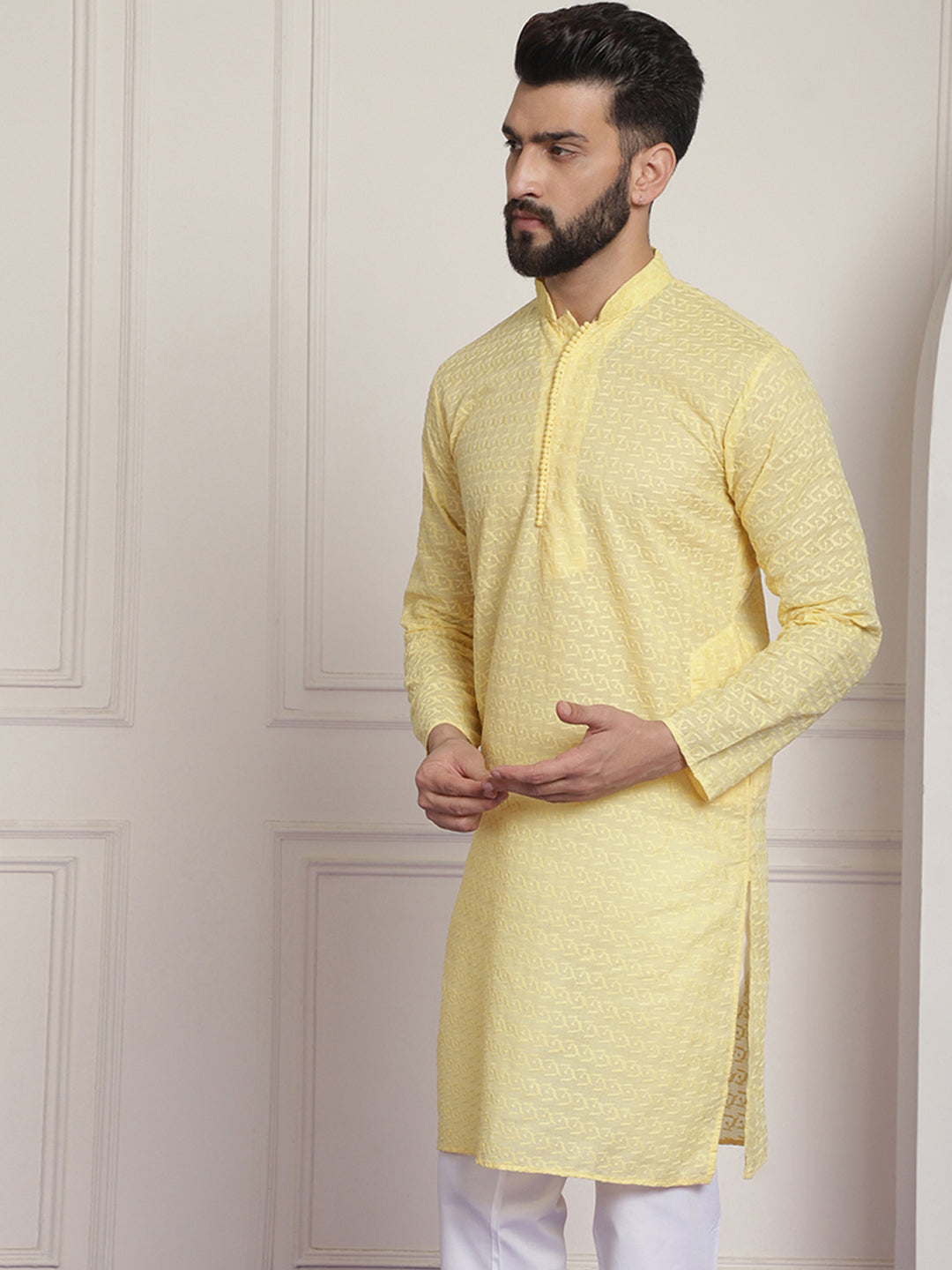 Sojanya Ethnic Motifs Embroidered Thread Work Pure Cotton Yellow Straight Only Kurta