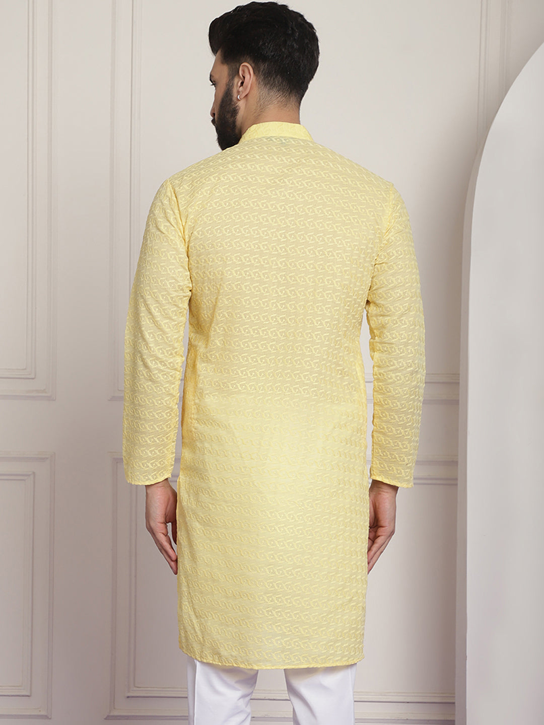 Sojanya Ethnic Motifs Embroidered Thread Work Pure Cotton Yellow Straight Only Kurta