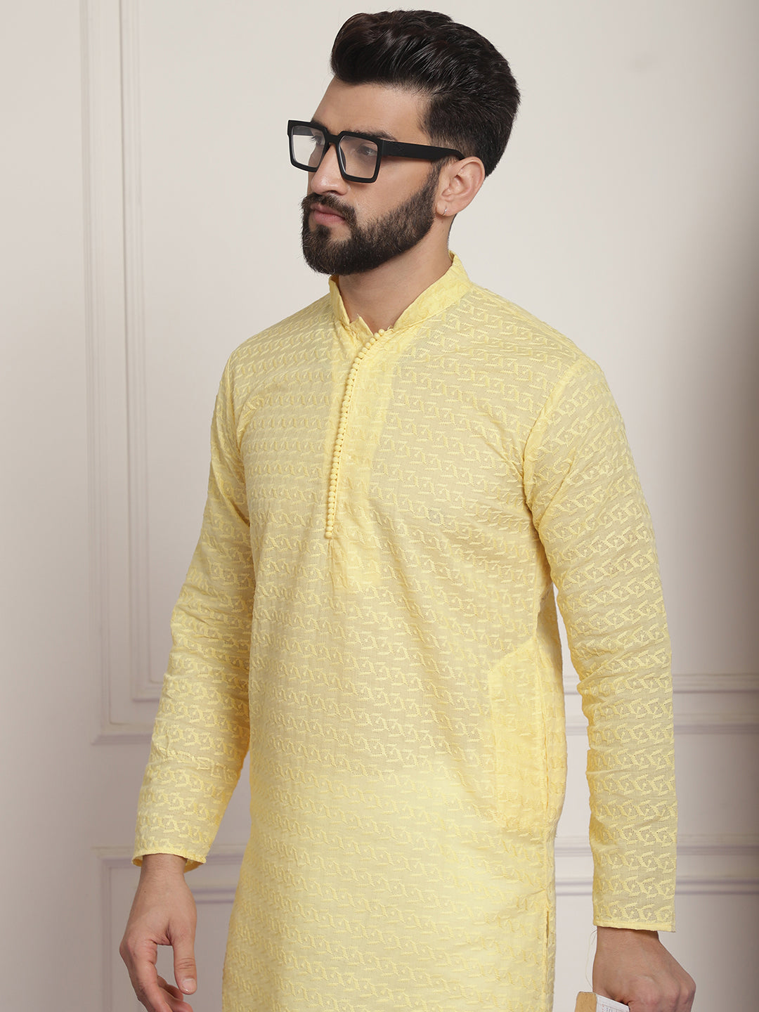 Sojanya Ethnic Motifs Embroidered Thread Work Pure Cotton Yellow Straight Only Kurta