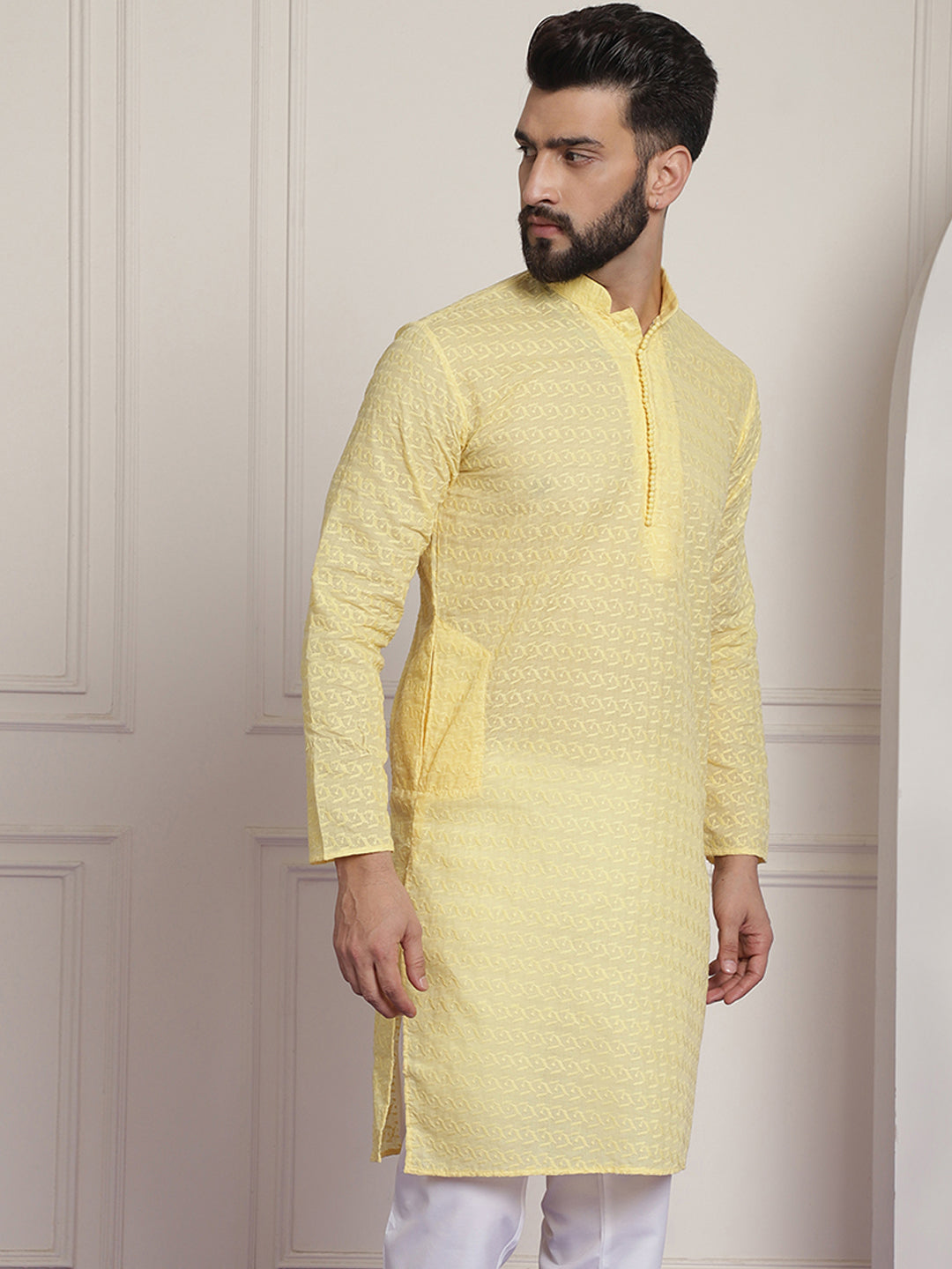 Sojanya Ethnic Motifs Embroidered Thread Work Pure Cotton Yellow Straight Only Kurta