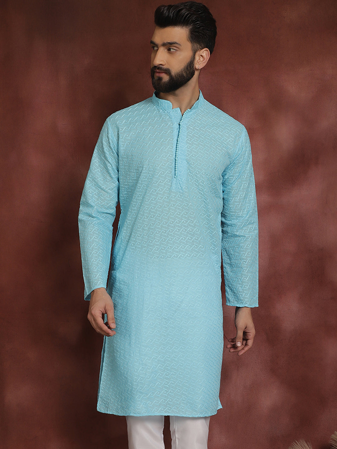 Sojanya Ethnic Motifs Embroidered Thread Work Pure Cotton Sky Blue Straight Only Kurta