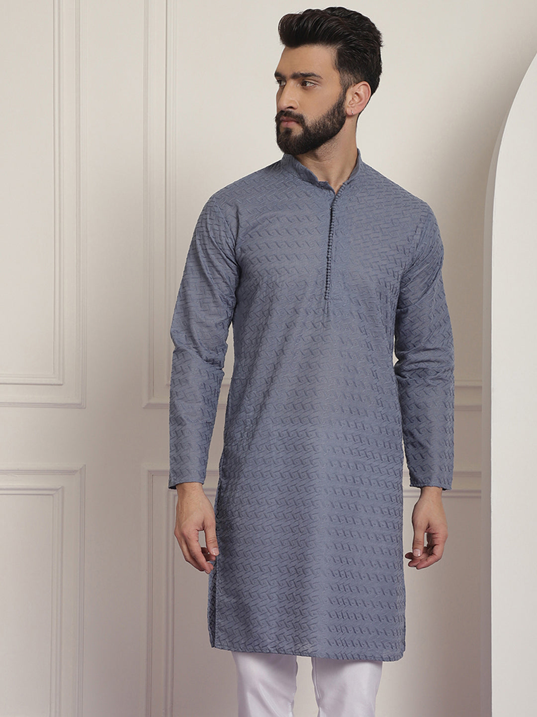 Sojanya Ethnic Motifs Embroidered Thread Work Pure Cotton Grey Straight Only Kurta