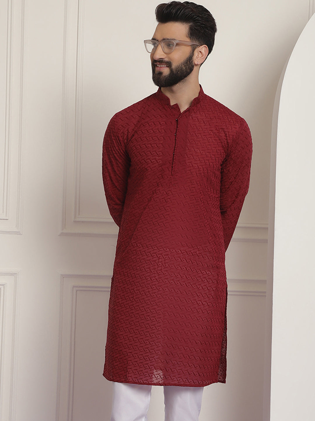 Sojanya Ethnic Motifs Embroidered Thread Work Pure Cotton Maroon Straight Only Kurta