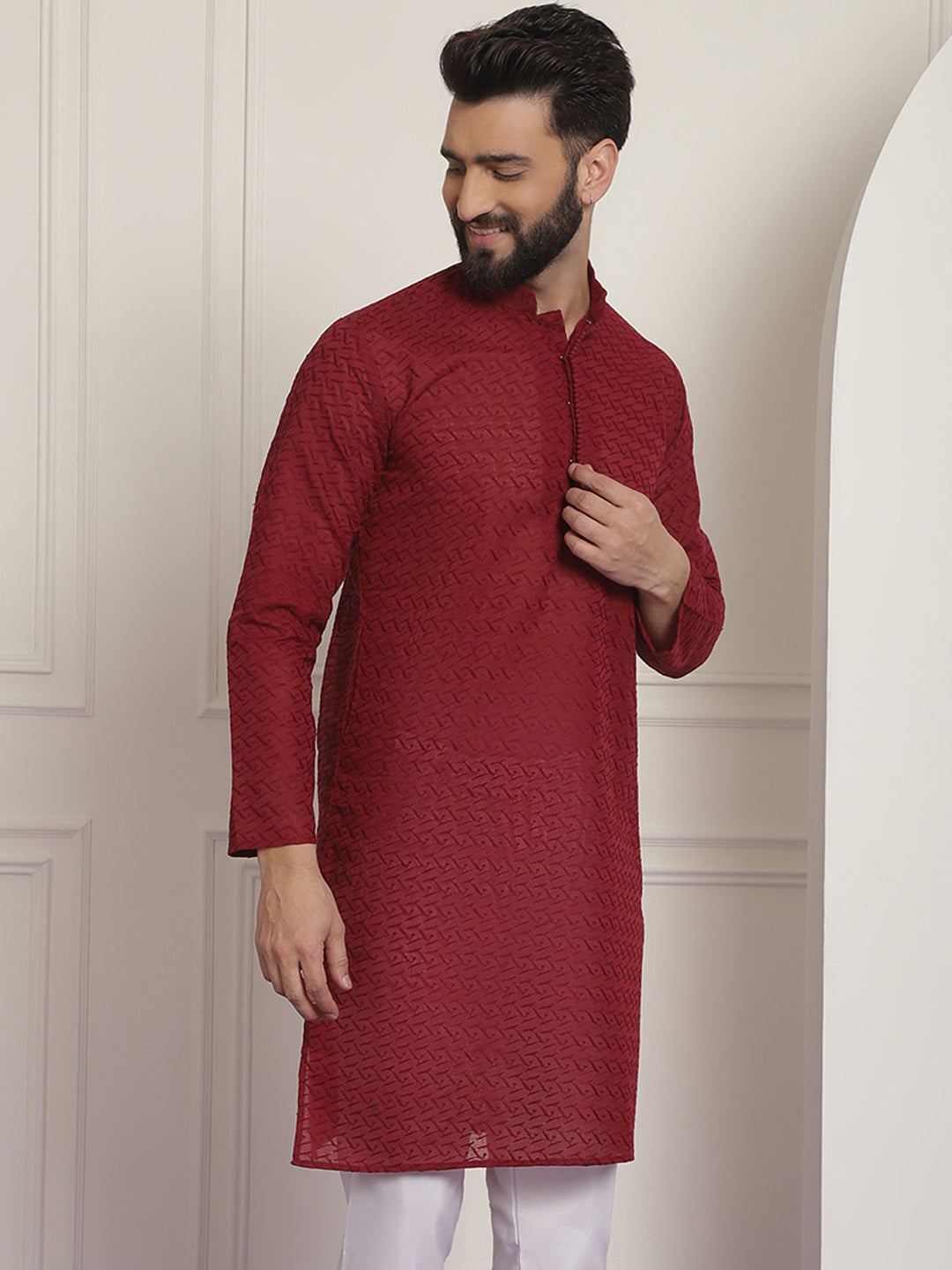 Sojanya Ethnic Motifs Embroidered Thread Work Pure Cotton Maroon Straight Only Kurta