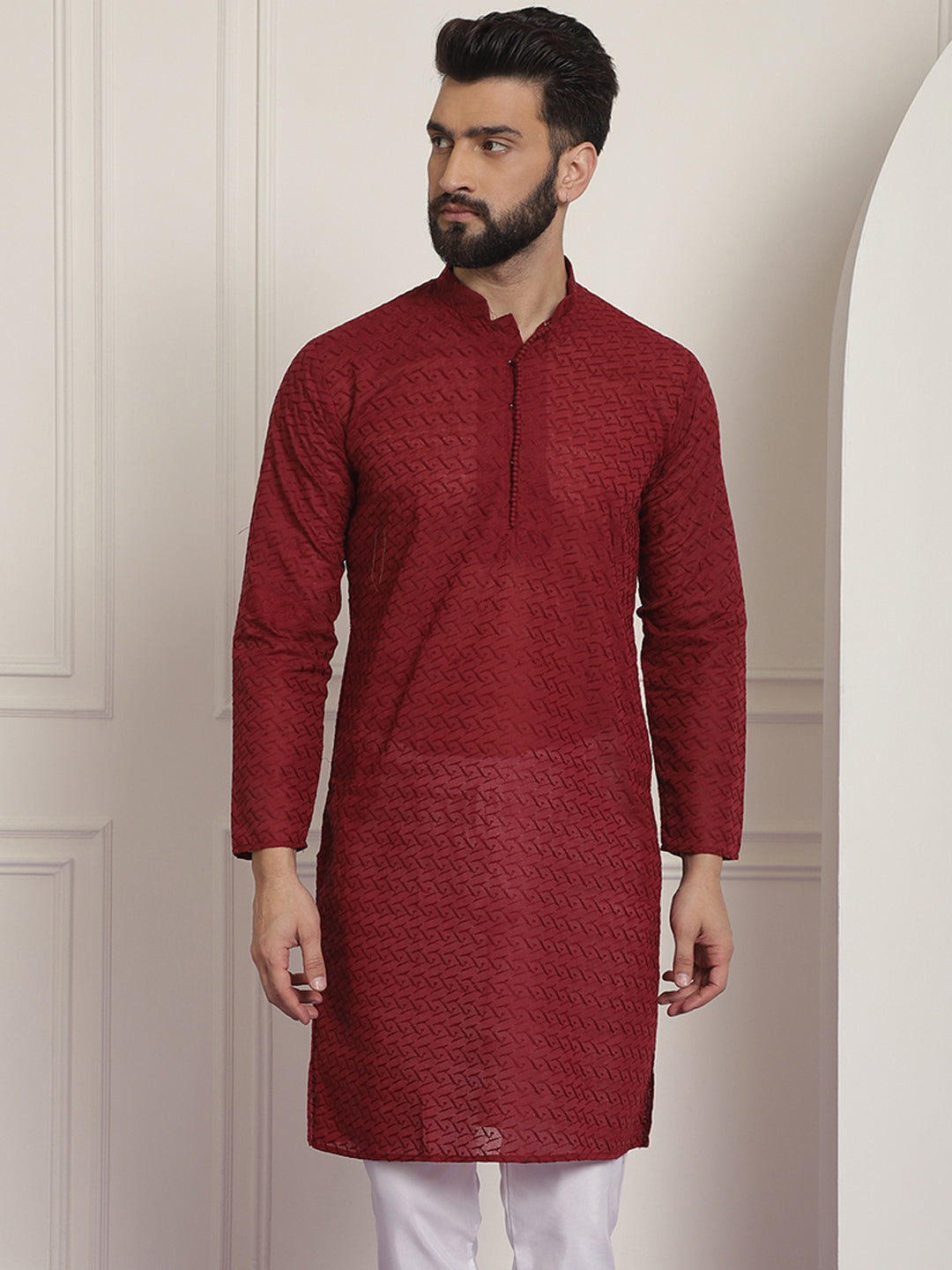 Sojanya Ethnic Motifs Embroidered Thread Work Pure Cotton Maroon Straight Only Kurta