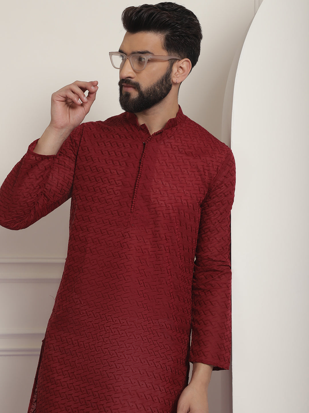 Sojanya Ethnic Motifs Embroidered Thread Work Pure Cotton Maroon Straight Only Kurta