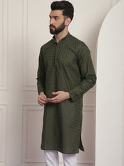 Sojanya Ethnic Motifs Embroidered Thread Work Pure Cotton Dark Green Straight Only Kurta