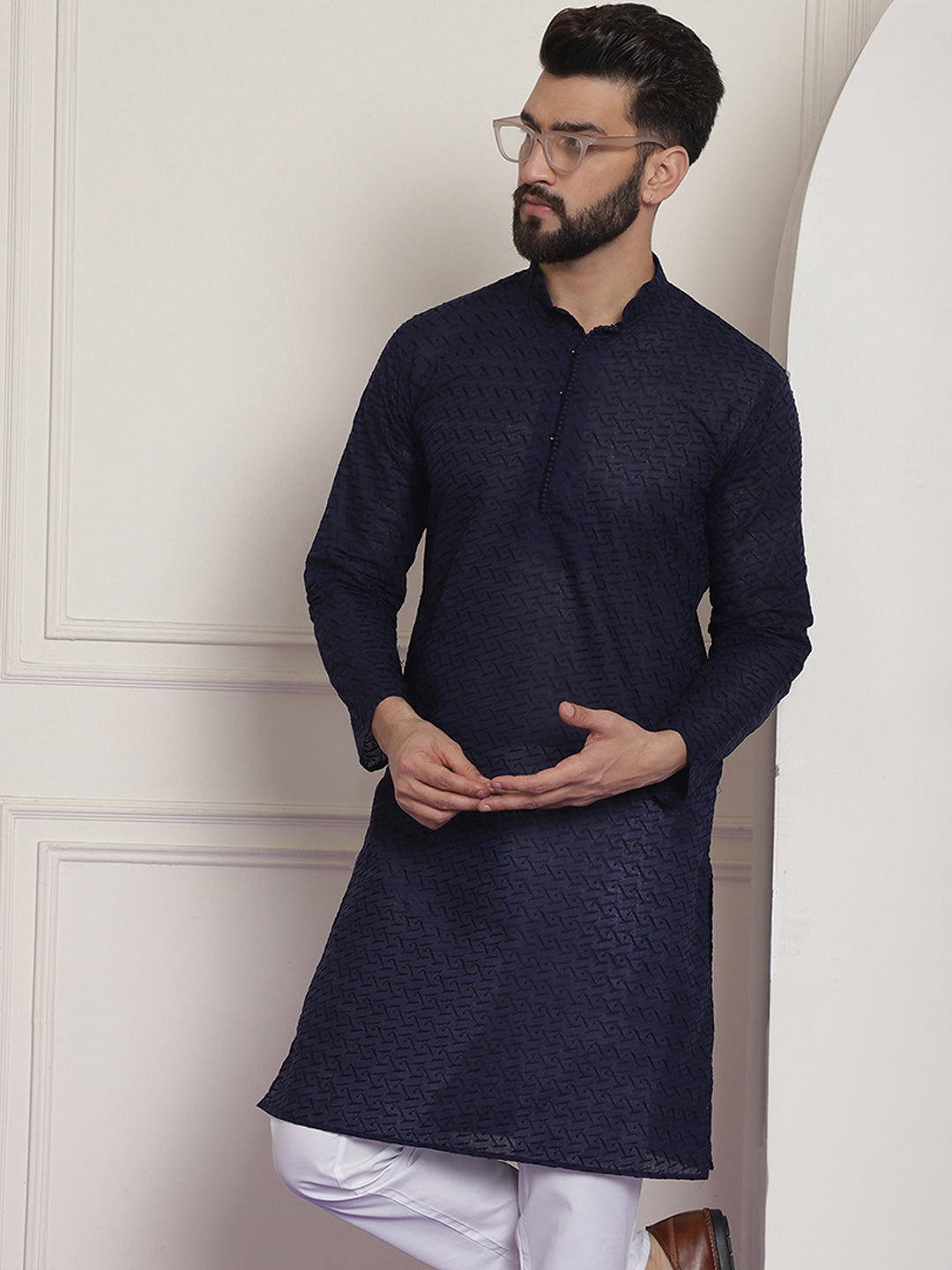 Sojanya Ethnic Motifs Embroidered Thread Work Pure Cotton Navy Straight Only Kurta