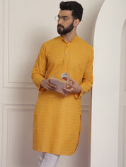 Sojanya Ethnic Motifs Embroidered Thread Work Pure Cotton Mustard Straight Only Kurta