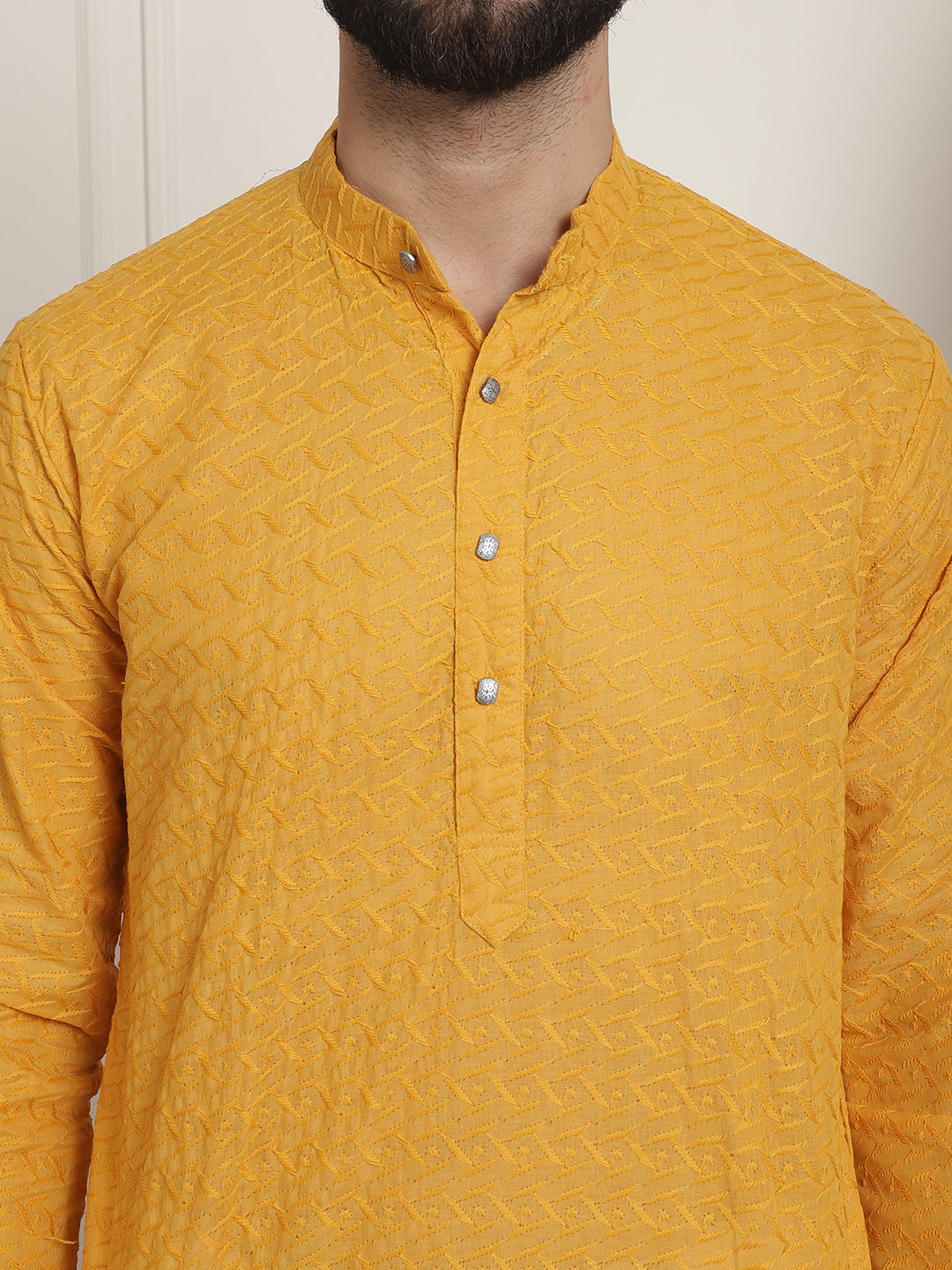 Sojanya Ethnic Motifs Embroidered Thread Work Pure Cotton Mustard Straight Only Kurta