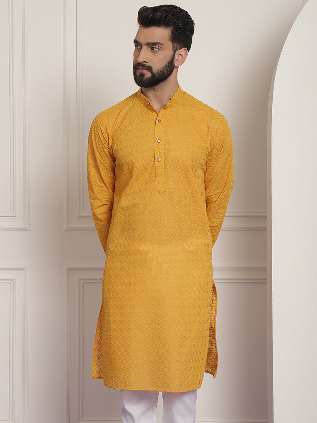 Sojanya Ethnic Motifs Embroidered Thread Work Pure Cotton Mustard Straight Only Kurta