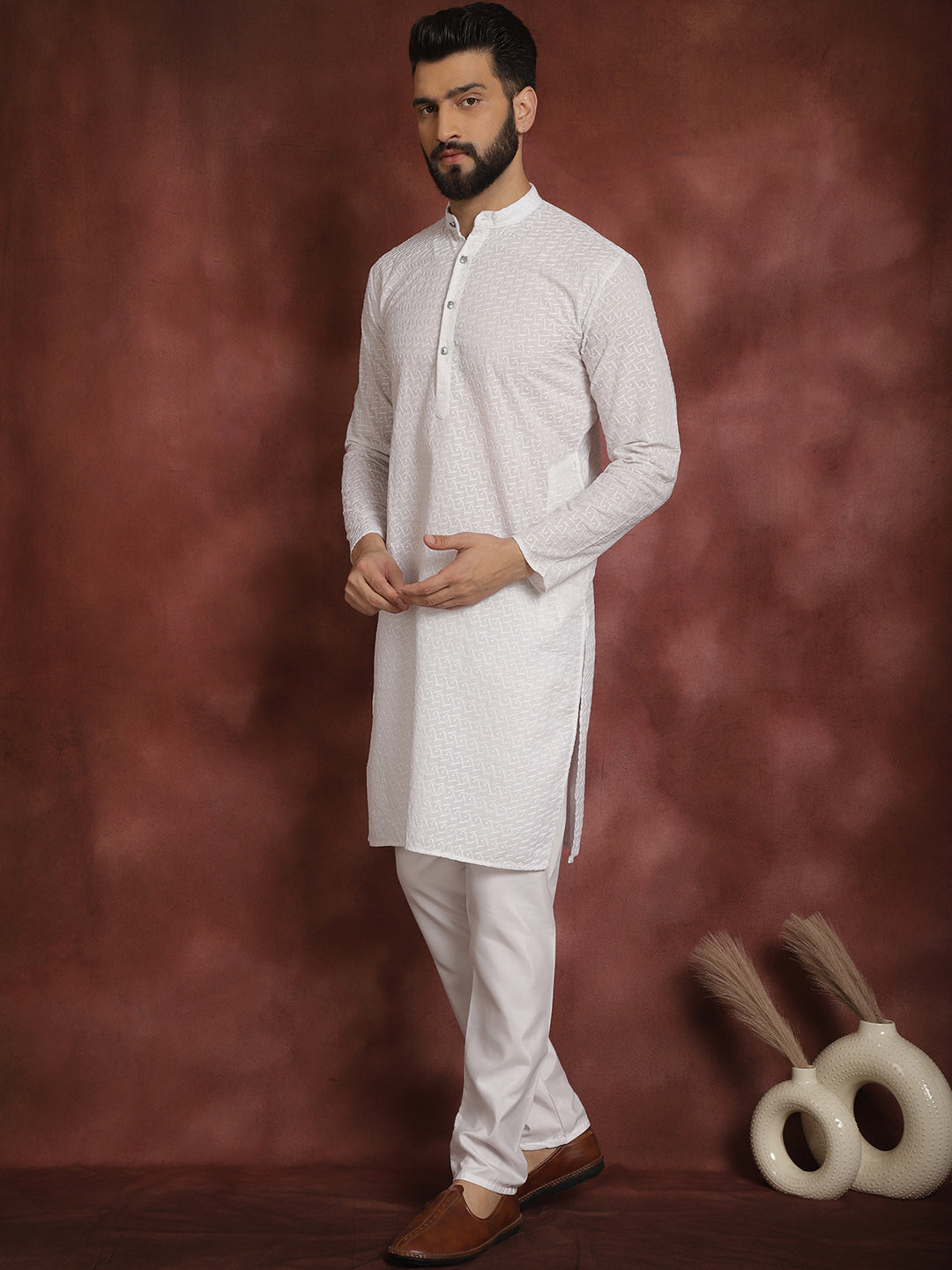 Sojanya Ethnic Motifs Embroidered Thread Work Pure Cotton White Straight Kurta With Churidar