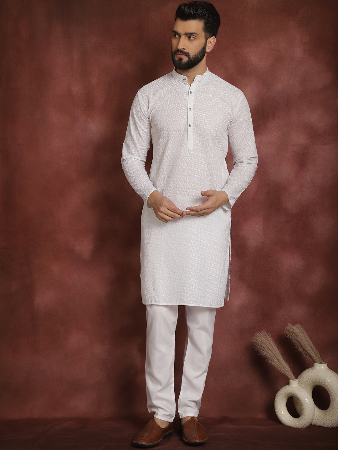 Sojanya Ethnic Motifs Embroidered Thread Work Pure Cotton White Straight Kurta With Churidar