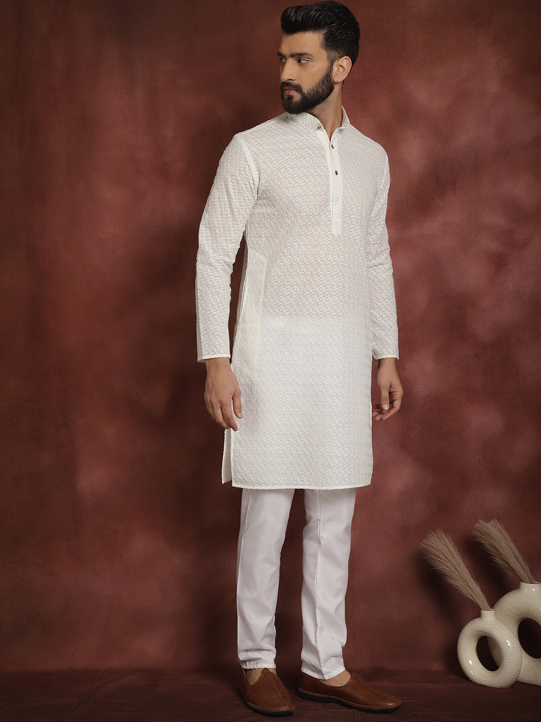 Sojanya Ethnic Motifs Embroidered Thread Work Pure Cotton Cream Straight Kurta With Churidar