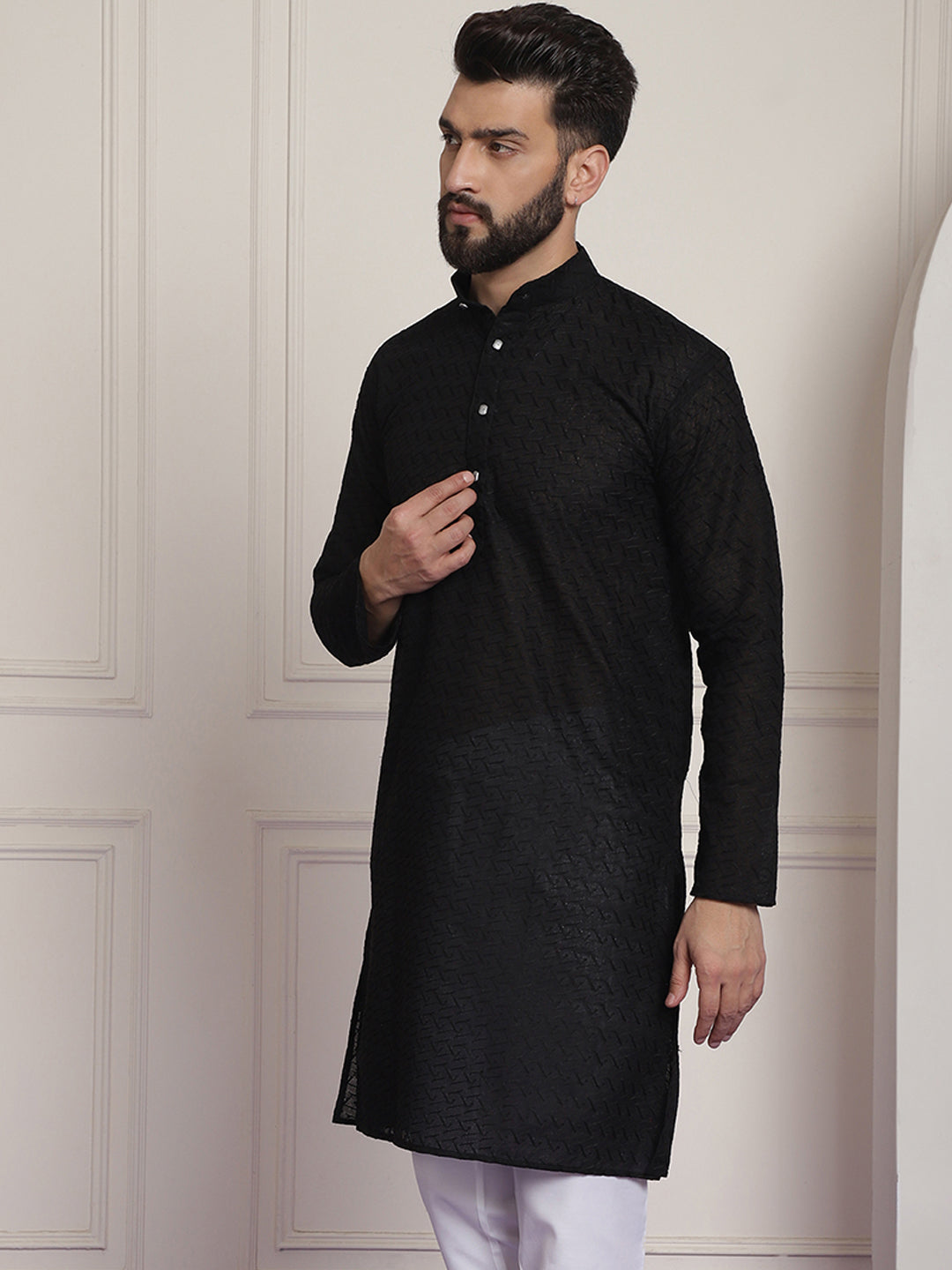 Sojanya Ethnic Motifs Embroidered Thread Work Pure Cotton Black Straight Only Kurta