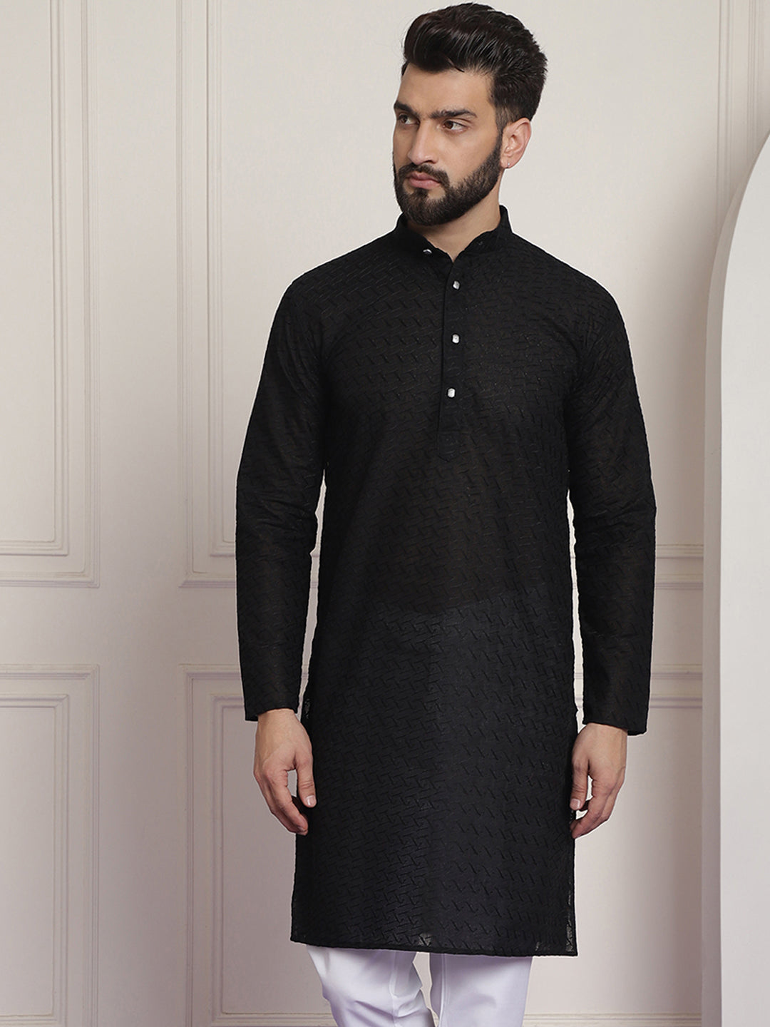 Sojanya Ethnic Motifs Embroidered Thread Work Pure Cotton Black Straight Only Kurta