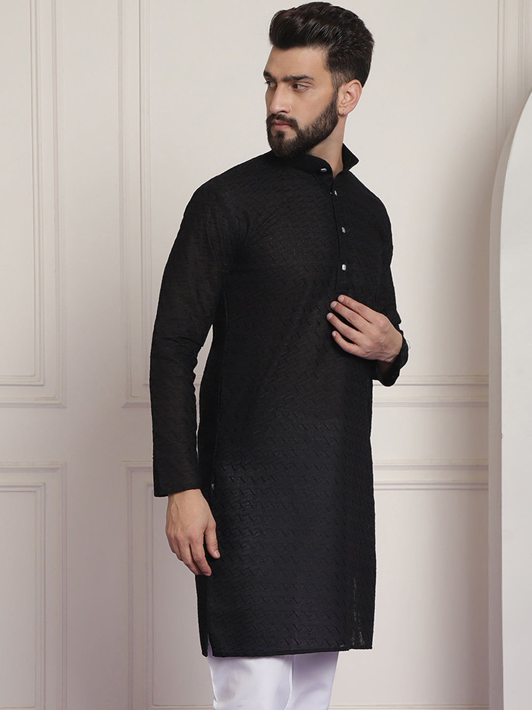 Sojanya Ethnic Motifs Embroidered Thread Work Pure Cotton Black Straight Only Kurta