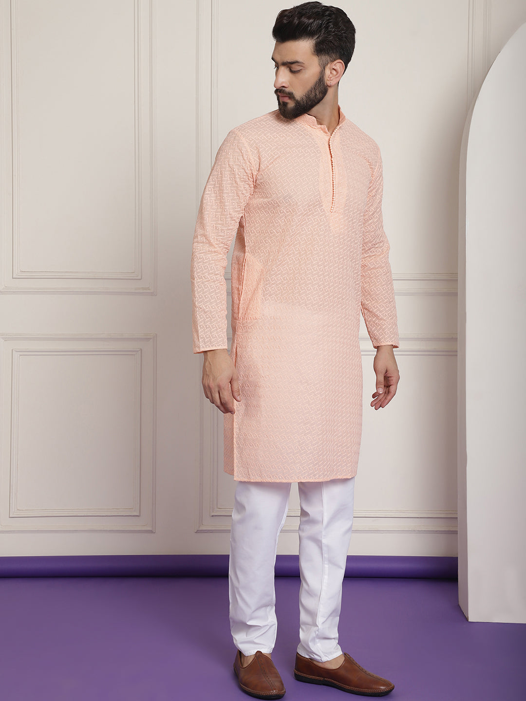 Sojanya Ethnic Motifs Embroidered Thread Work Pure Cotton Peach Straight Kurta With Churidar