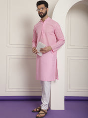 Sojanya Ethnic Motifs Embroidered Thread Work Pure Cotton Pink Straight Kurta With Churidar