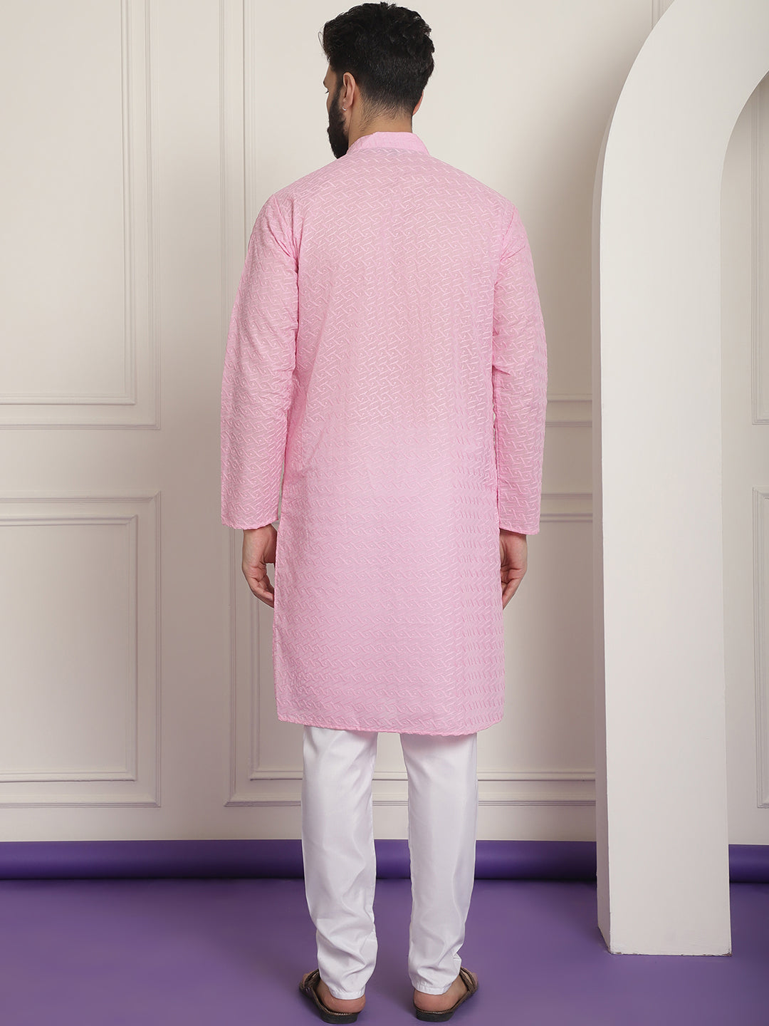 Sojanya Ethnic Motifs Embroidered Thread Work Pure Cotton Pink Straight Kurta With Churidar