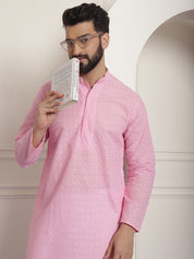 Sojanya Ethnic Motifs Embroidered Thread Work Pure Cotton Pink Straight Kurta With Churidar