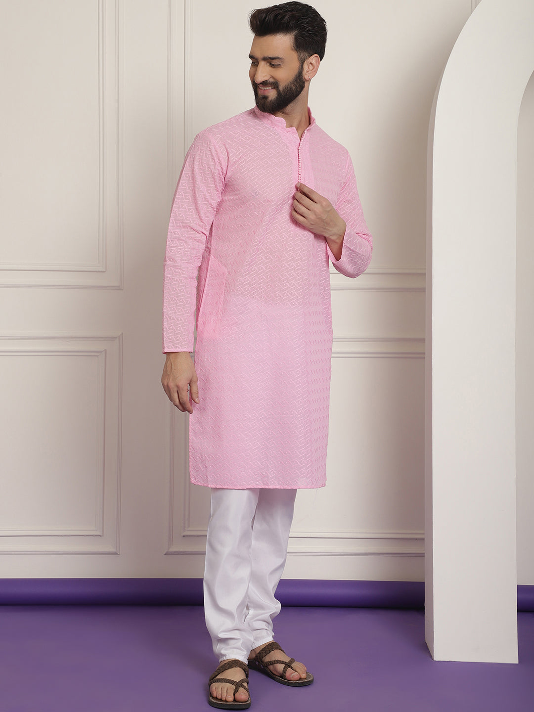 Sojanya Ethnic Motifs Embroidered Thread Work Pure Cotton Pink Straight Kurta With Churidar