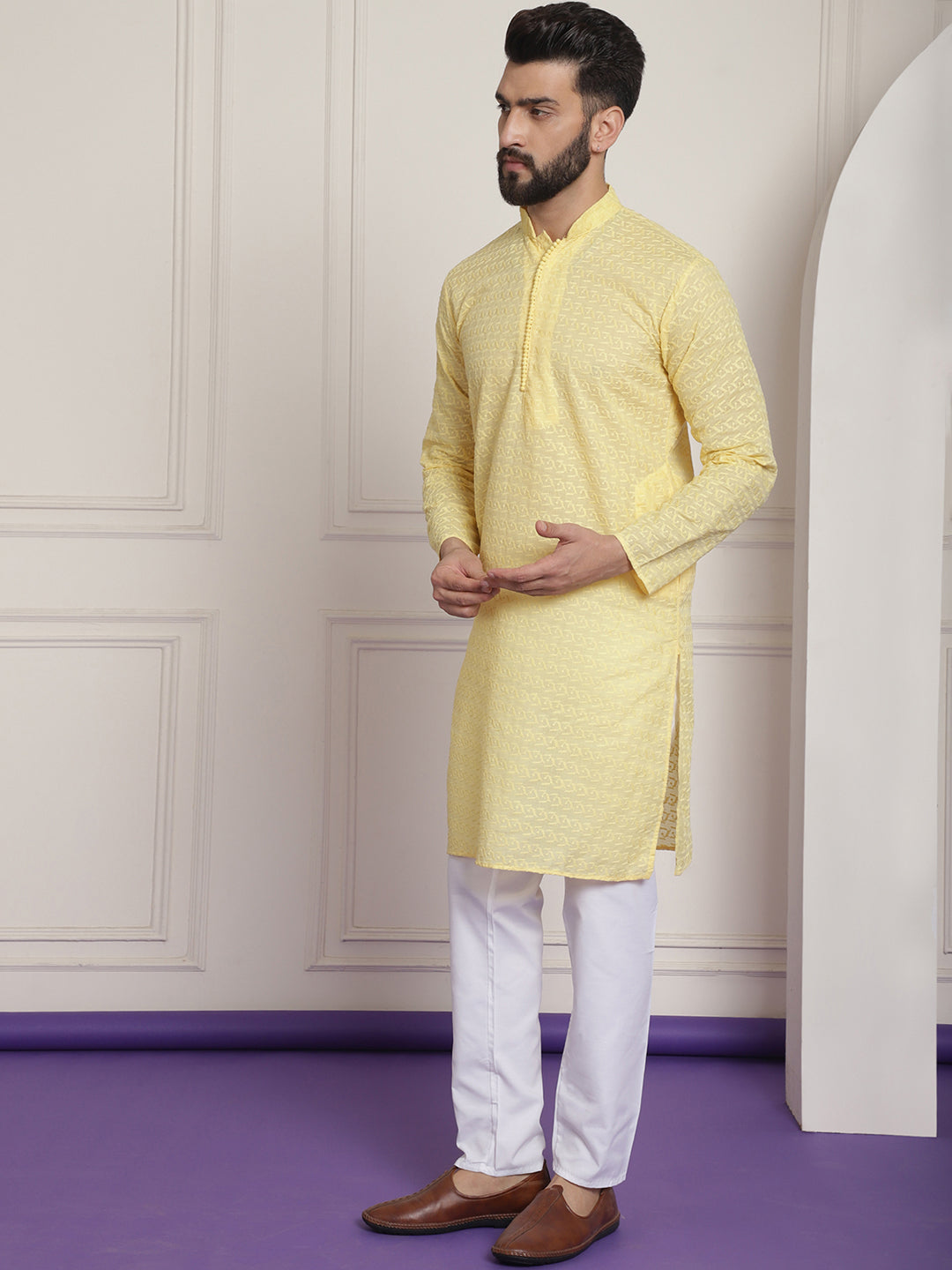 Sojanya Ethnic Motifs Embroidered Thread Work Pure Cotton Yellow Straight Kurta With Churidar