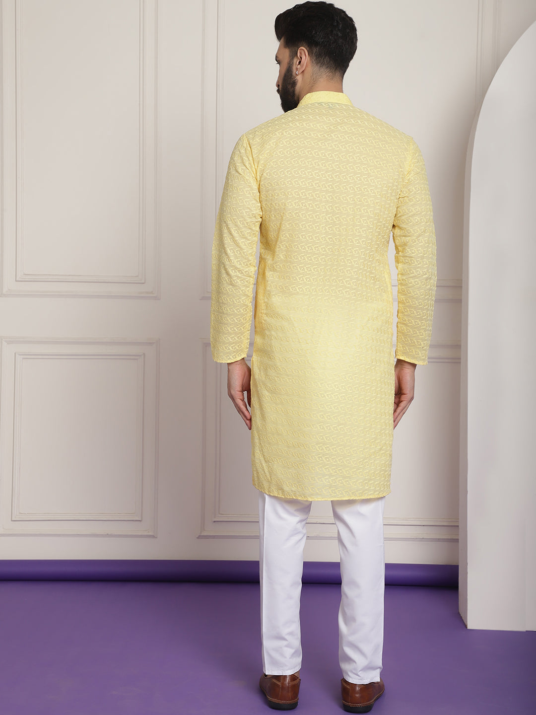 Sojanya Ethnic Motifs Embroidered Thread Work Pure Cotton Yellow Straight Kurta With Churidar