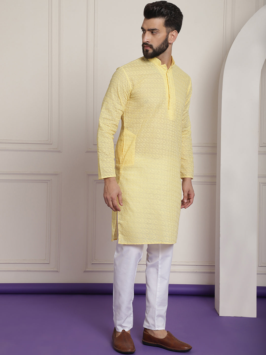 Sojanya Ethnic Motifs Embroidered Thread Work Pure Cotton Yellow Straight Kurta With Churidar