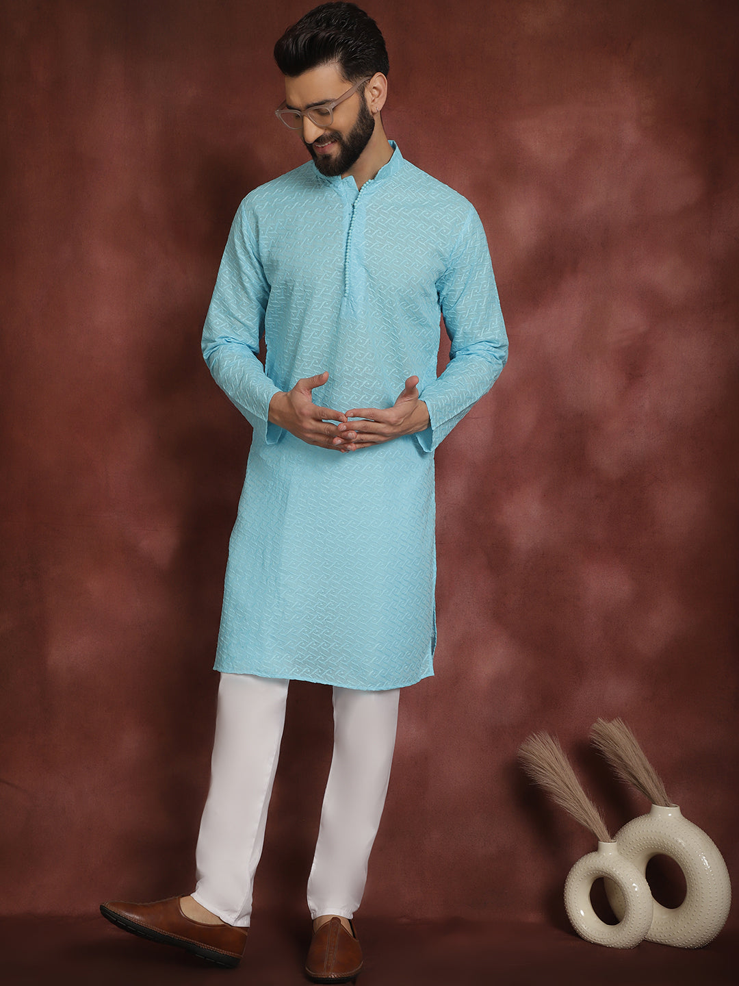 Sojanya Ethnic Motifs Embroidered Thread Work Pure Cotton Sky Blue Straight Kurta With Churidar