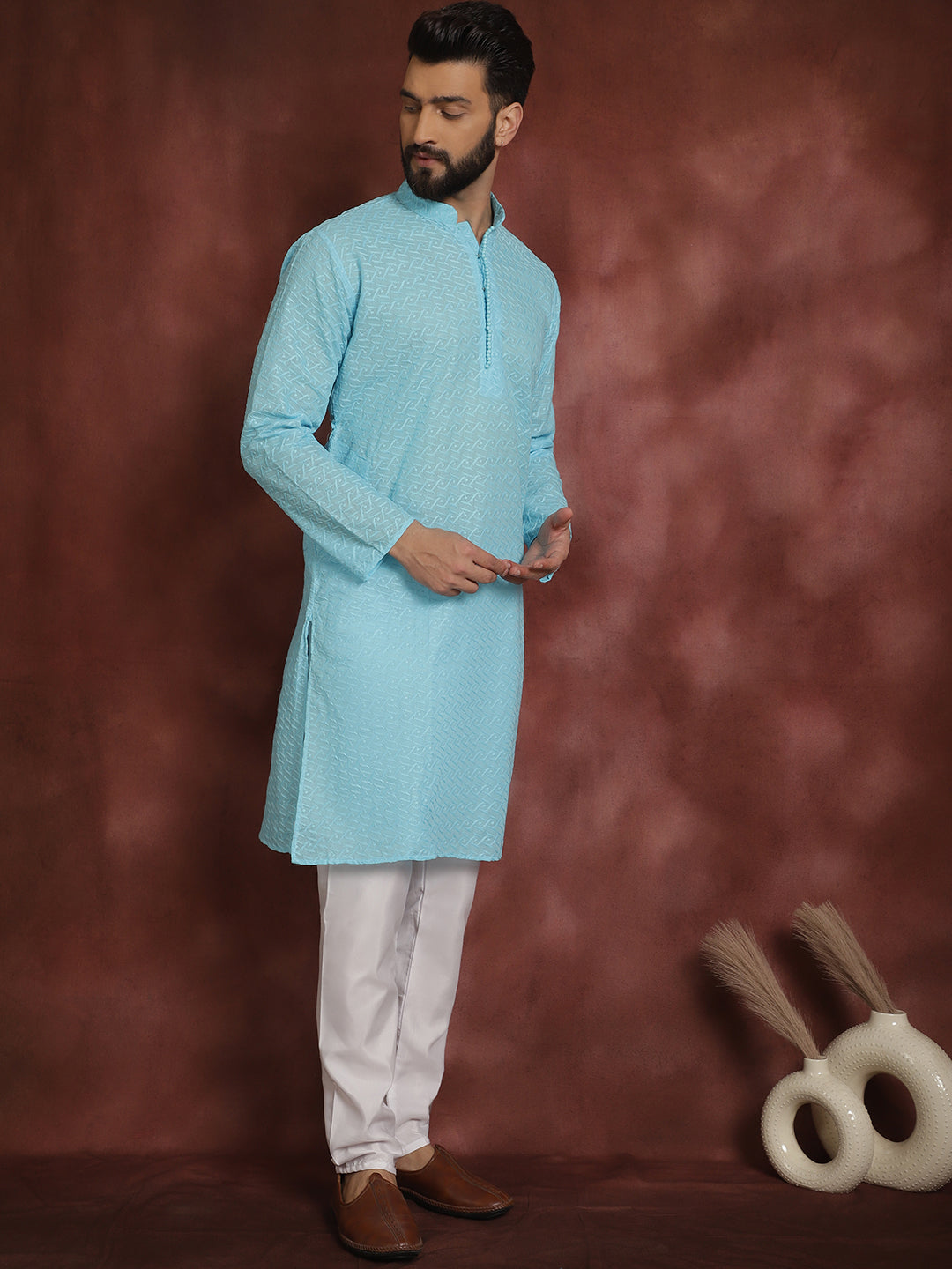 Sojanya Ethnic Motifs Embroidered Thread Work Pure Cotton Sky Blue Straight Kurta With Churidar