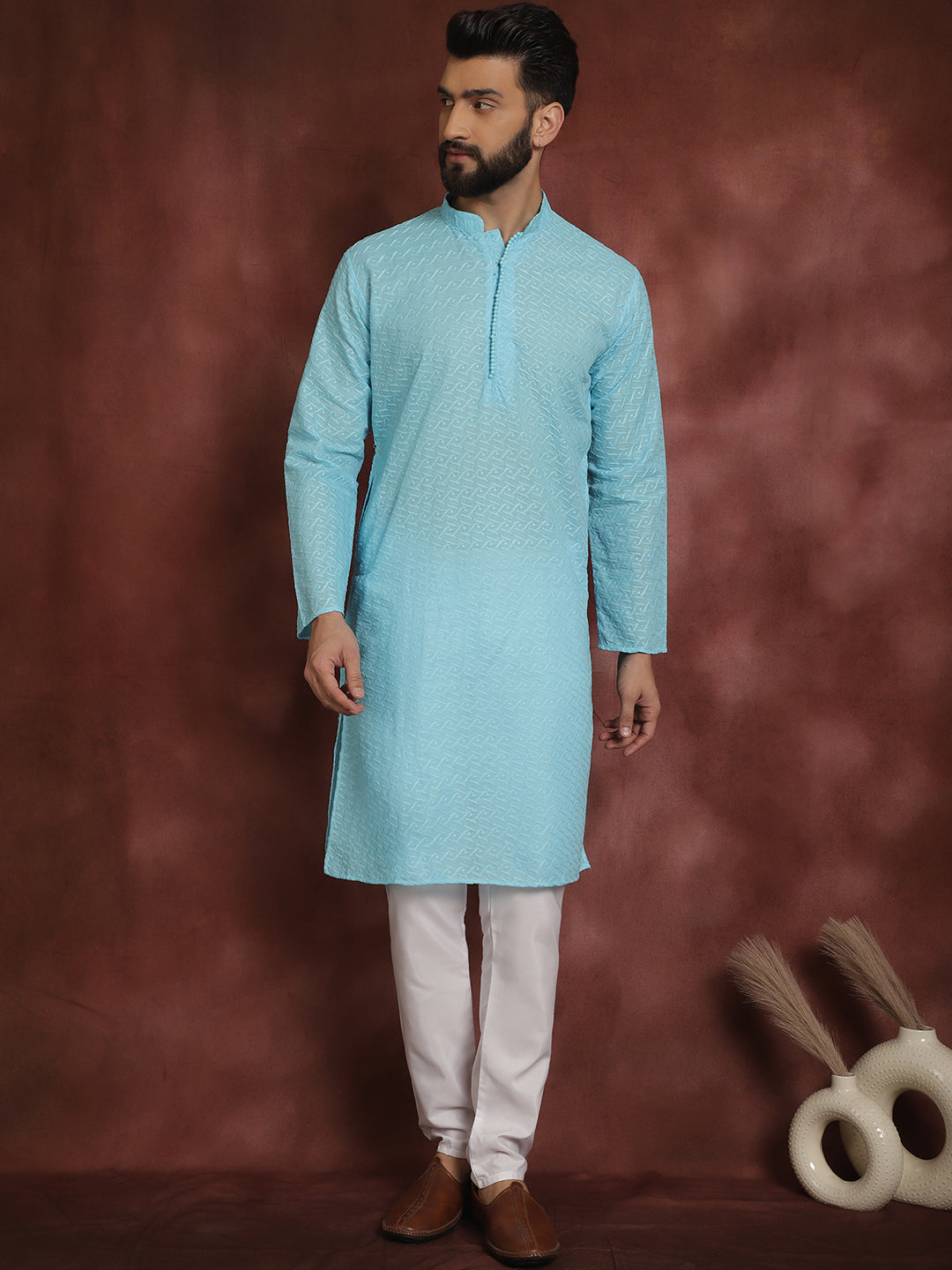 Sojanya Ethnic Motifs Embroidered Thread Work Pure Cotton Sky Blue Straight Kurta With Churidar