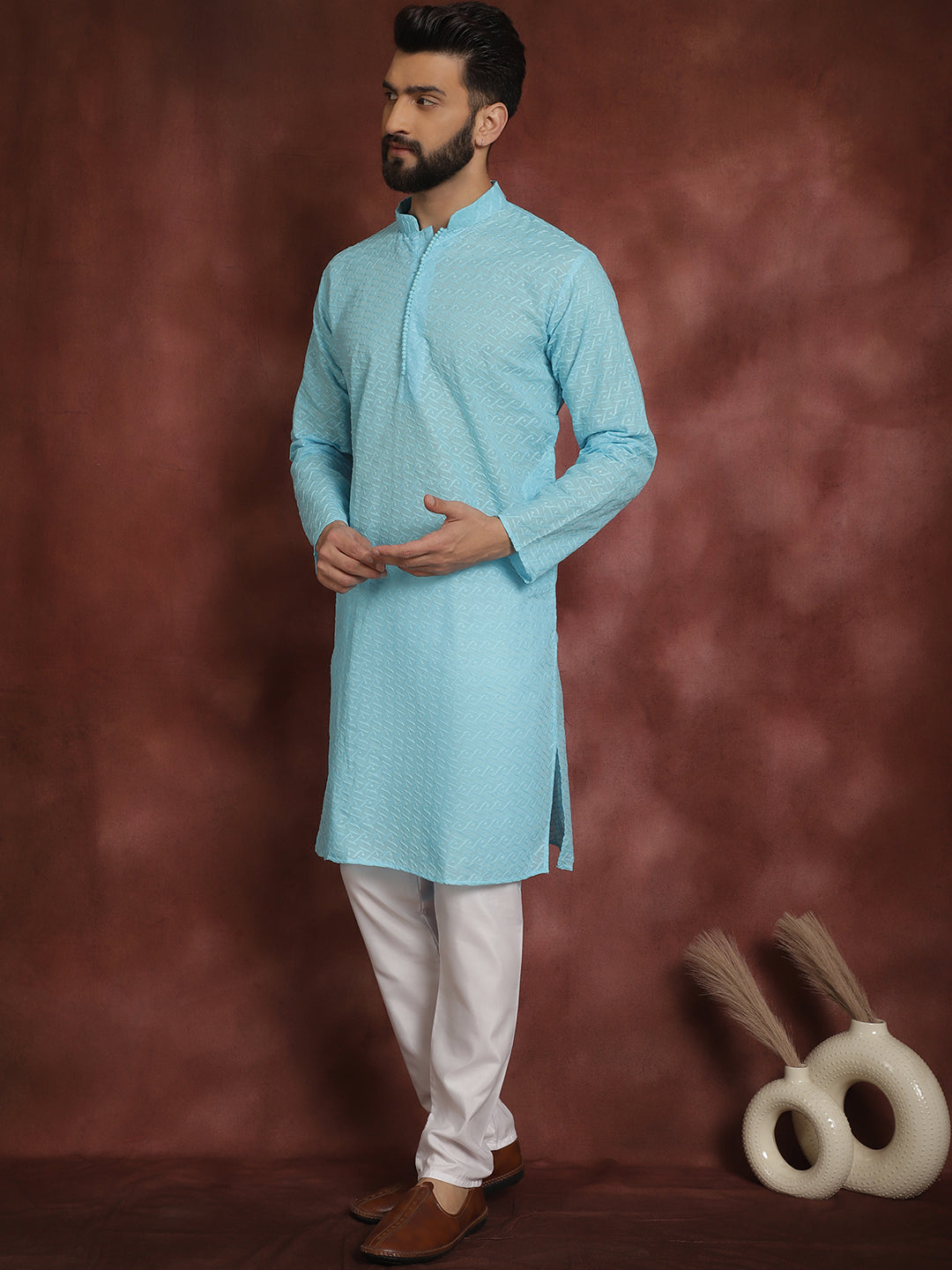 Sojanya Ethnic Motifs Embroidered Thread Work Pure Cotton Sky Blue Straight Kurta With Churidar