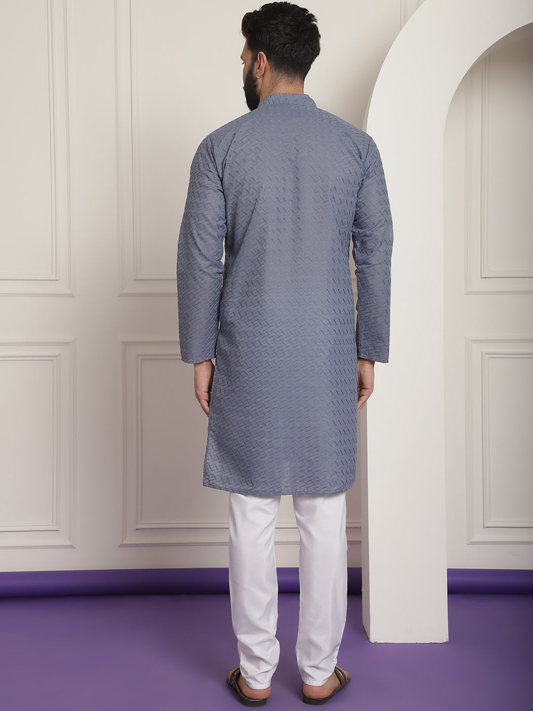 Sojanya Ethnic Motifs Embroidered Thread Work Pure Cotton Grey Straight Kurta With Churidar