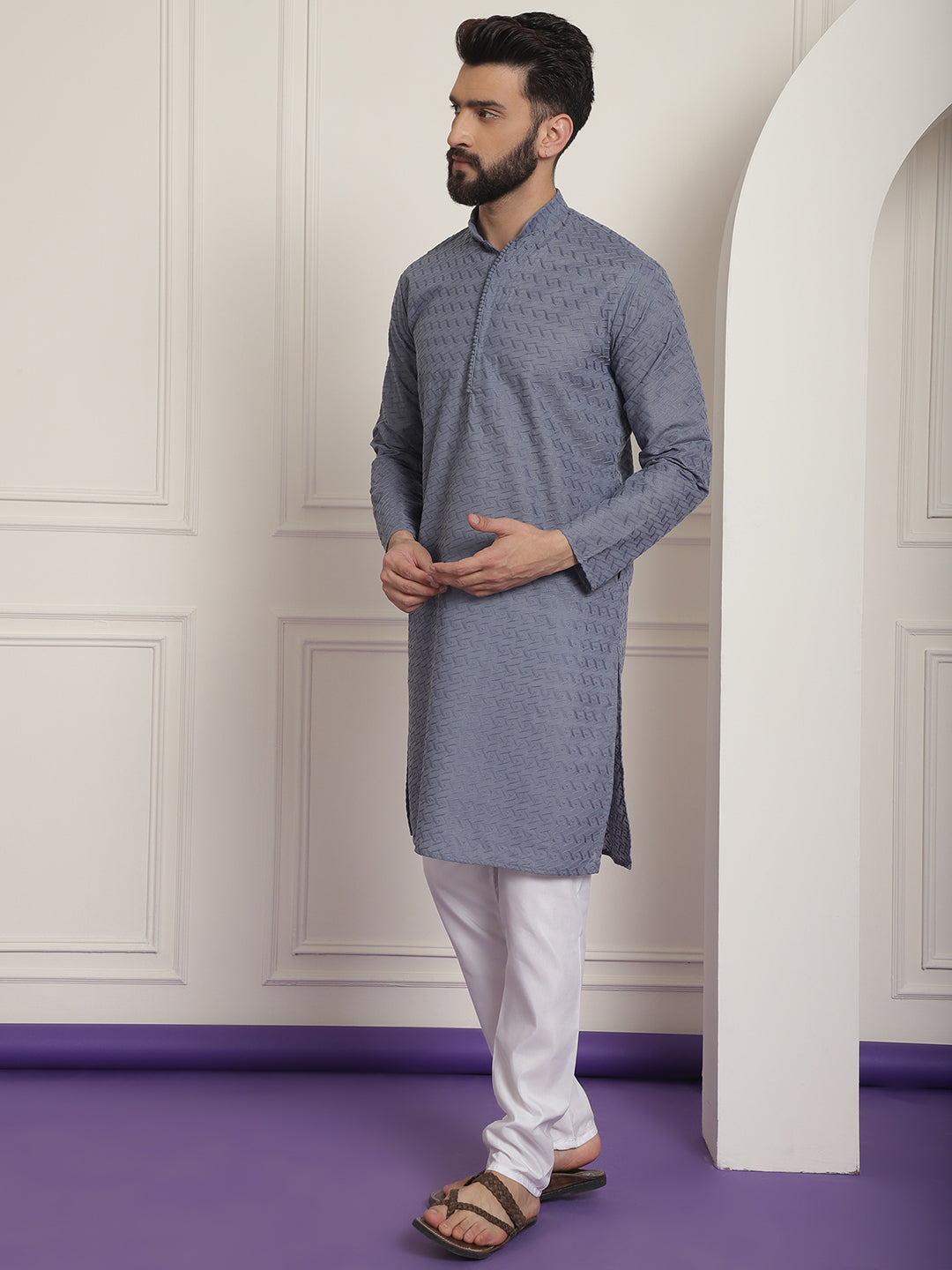 Sojanya Ethnic Motifs Embroidered Thread Work Pure Cotton Grey Straight Kurta With Churidar