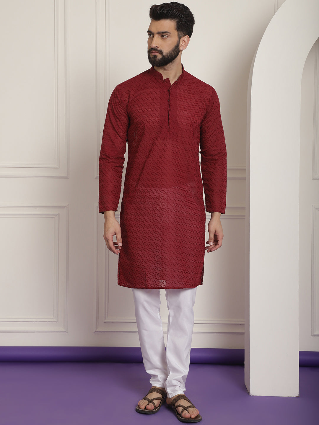 Sojanya Ethnic Motifs Embroidered Thread Work Pure Cotton Maroon Straight Kurta With Churidar