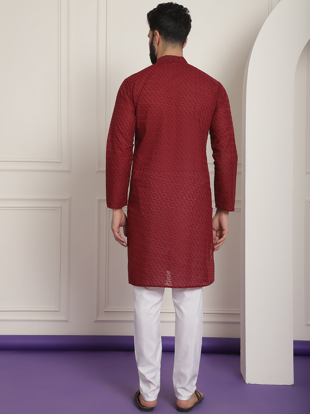 Sojanya Ethnic Motifs Embroidered Thread Work Pure Cotton Maroon Straight Kurta With Churidar