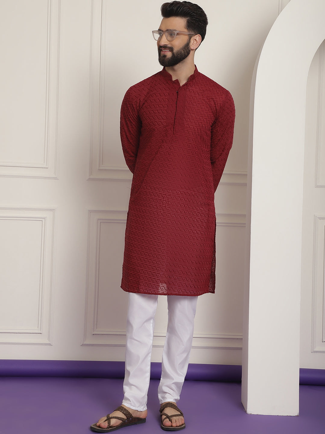 Sojanya Ethnic Motifs Embroidered Thread Work Pure Cotton Maroon Straight Kurta With Churidar