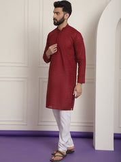 Sojanya Ethnic Motifs Embroidered Thread Work Pure Cotton Maroon Straight Kurta With Churidar