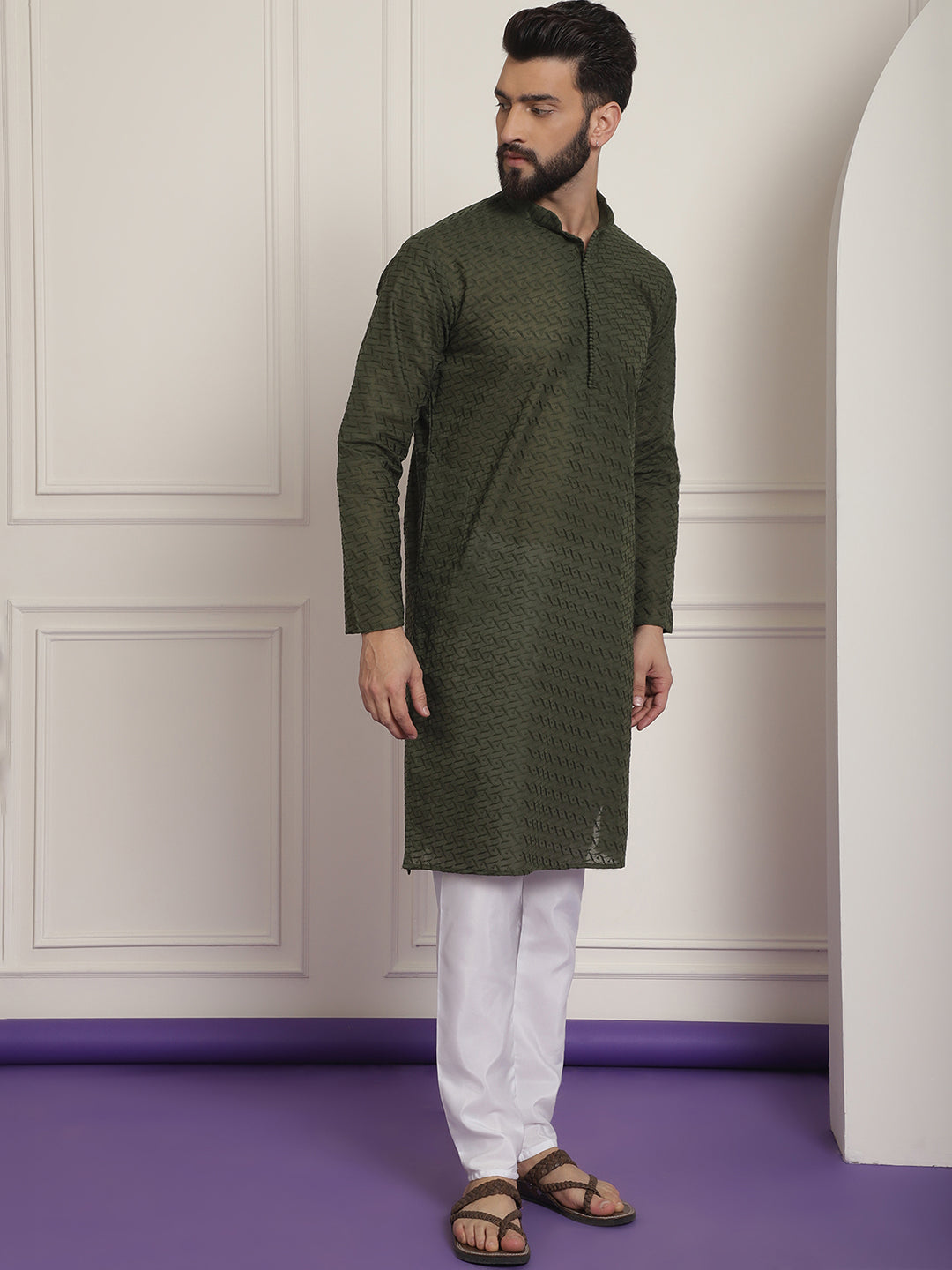 Sojanya Ethnic Motifs Embroidered Thread Work Pure Cotton Dark Green Straight Kurta With Churidar