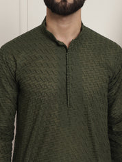 Sojanya Ethnic Motifs Embroidered Thread Work Pure Cotton Dark Green Straight Kurta With Churidar