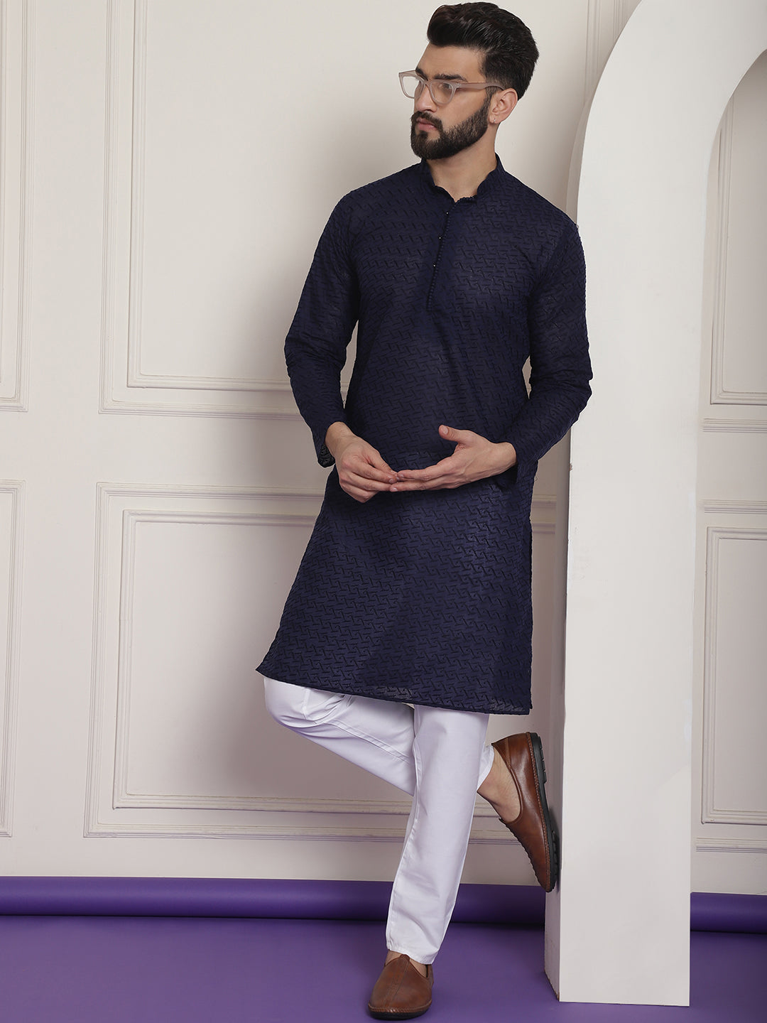 Sojanya Ethnic Motifs Embroidered Thread Work Pure Cotton Navy Blue Straight Kurta With Churidar