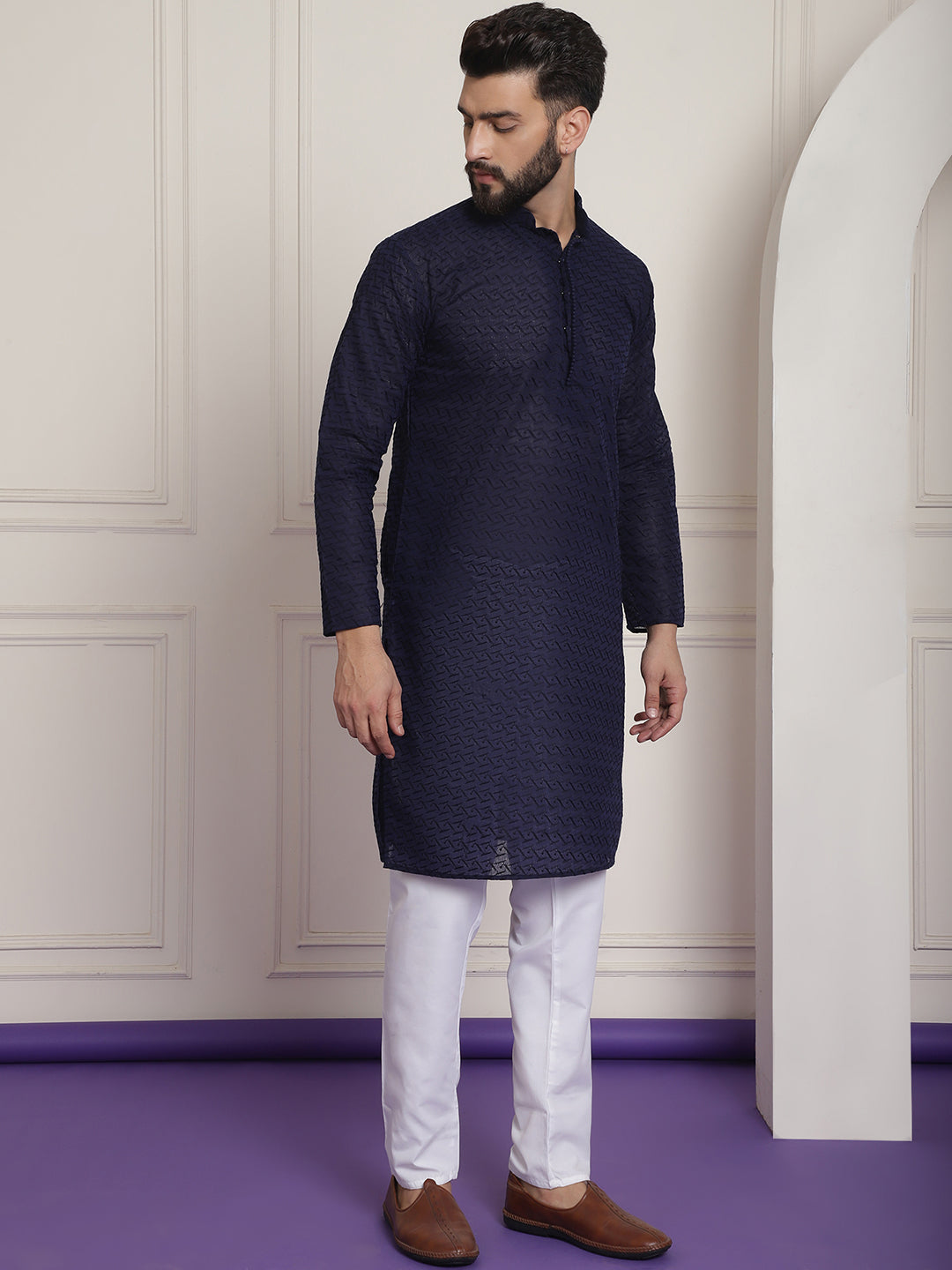 Sojanya Ethnic Motifs Embroidered Thread Work Pure Cotton Navy Blue Straight Kurta With Churidar