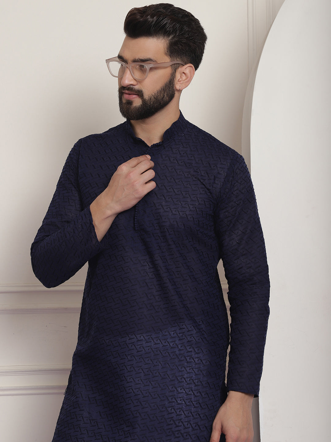 Sojanya Ethnic Motifs Embroidered Thread Work Pure Cotton Navy Blue Straight Kurta With Churidar