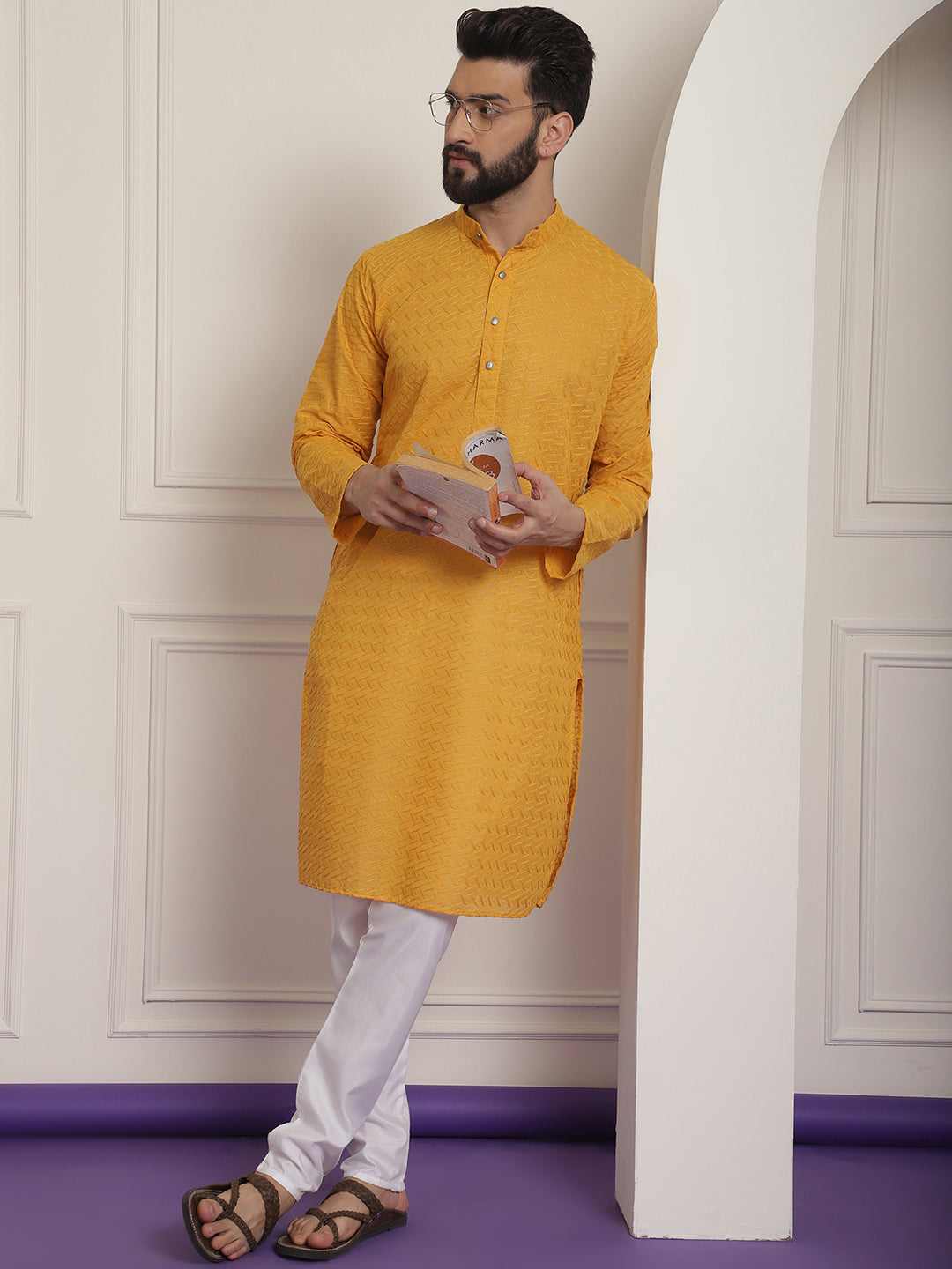 Sojanya Ethnic Motifs Embroidered Thread Work Pure Cotton Mustard Straight Kurta With Churidar